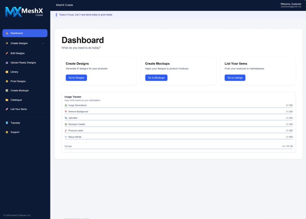 MeshX Create dashboard with sidebar navigation, usage summary, and cards for Create Designs, Create Mockups, and List Your Items
